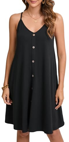 Enmain Negro Vestidos Verano para Mujer Casual Sin Mangas Floral Playa Vestido Chic Cuello en V Vestidos con Bolsillos Botones para Vacaciones Fiesta L