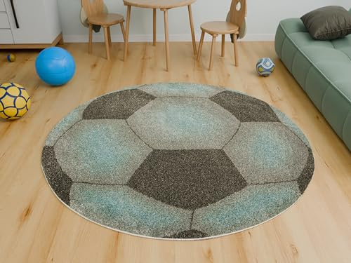 AKCILA Modischer Runder Kinderteppich Lima Fußball - Grau-Blau 140 cm - Waschbarer Kinderzimmer Teppich - Spielteppich - Weicher Teppich Kinderzimmer - Ideal für Jungen – Dekoteppich