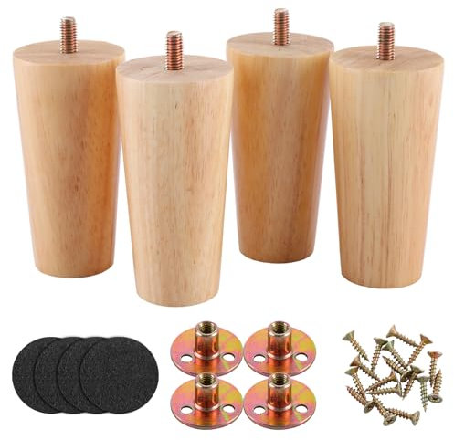 ASelected 4 inch Wood Sofa Legs 4 Pack Solid Wood Furniture Legs DIY Replacement Feets for Sofa, Armchair, Cabinet, Chair, Footstool, Bed Legs Are Easy To Install Include Installation Hardware