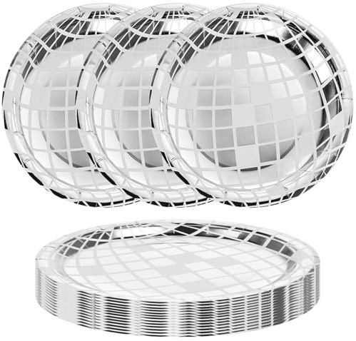 YUXIANLB 25 Stück Geburtstagsteller Pappteller Silber, Rund Partyteller Dessertteller Partygeschirr Für Geburtstagsfeier 70er Jahre Disco Neon Party Dekorationen Supplies Hochzeit Paper Plates,18CM