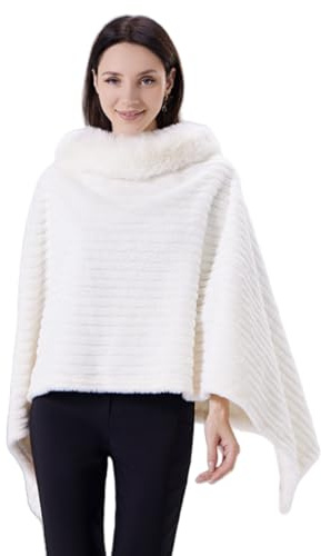 Miaikvs Poncho Mantello Maglia Donna Pullover con Collo in Pelliccia Poncho Wrap Scialle, bianco, Taglia unica