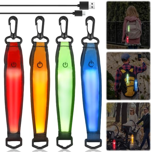 GAOUTO Lot de 4 cartables à LED clignotantes - 3 modes - Rechargeable par USB - Pendentif réfléchissant - Lumière de sécurité pour enfants - Réflecteur étanche - Pour cartable