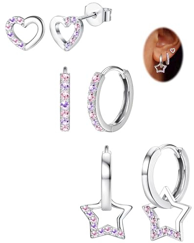JeweBella Örhängen i flerpack, 3 par örhängen i 925 Sterling silver för kvinnor och tjejer, hypoallergena, med hjärta, stjärna och stift, örhängen i set för flera piercingar, Koppar