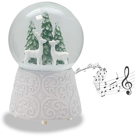 Schneekugel Weihnachten Spieluhr | 2 Rehe Tannenbaum | Ornament Sockel weiß | Höhe 140mm Breite 100mm | Spieluhr | 20279