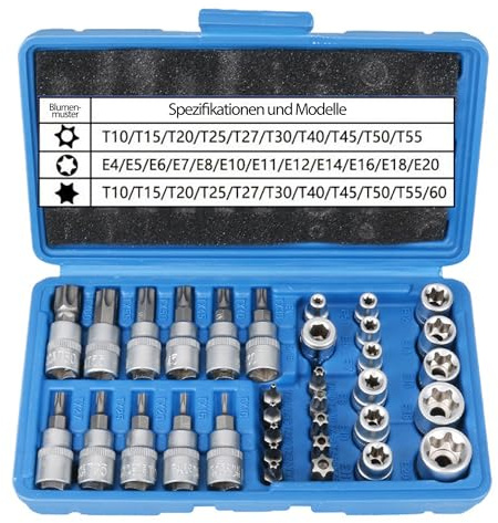 Zevmi Juego de llaves de tubo y puntas hexagonales: 34 piezas Torx interior exterior llaves de zócalo, incl. Casquillo E4-E20, juego Torx T10-T60 | Torx Bits T10- T60 y llaves de vaso E4-E20