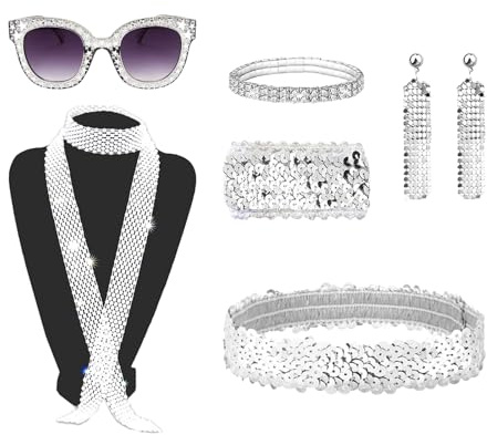 6 Stück Disco Kostüm 70er Jahre - Glitzer Accessoires für Damen - Pailletten Stulpen, Brille, Haarband und Hippie Accessoires für Fasching Karneval