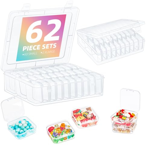 MUUKAIII Kleine Aufbewahrungsboxen (5,5x5,5x2cm), 60 Stück Mini Transparent Aufbewahrungsbox Behälter und 2 Groß Aufbewahrungsbox für Pillen, Schmuck, Zubehör, Nähwerkzeugen, Bastelartikel, Kleinteile