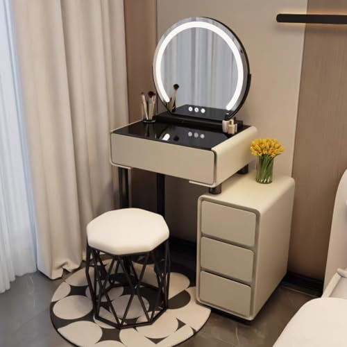 Moderner Make-up-Schminktisch mit runden 3 Farben, gepolstertem Hocker, Schubladen und Beistellschrank, ideal für kleine Räume, Schlafzimmer, Ankleidezimmer, perfekt für Mädchen und Frauen.