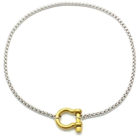 SIXAOAZZ Collar de hebilla chapado en oro de 18 quilates con grillete de anclaje de tornillo pesado, cadena de trigo, mosquetón de dos tonos, cadena de cola de zorro de acero inoxidable de 17.7