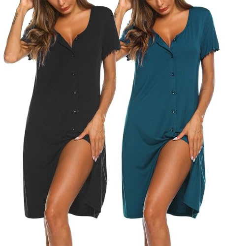 Ekouaer 2-pack nattskjorta för damer, kortärmad med knappar, sovskjorta, kort sovskjorta, knapplist nattkläder, S–XXL, XL