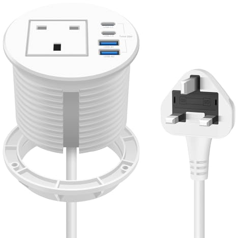 Recessed Power Socket with 1 UK Plug, 20W Fast Charging USB-C Port, Desk Power Grommet 80mm, Seamless Flush Mount - Make Your Desktop Tidier, Workspace Essential Desk Socket (White)
