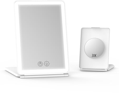 Bilitase Travel Portable Make Up Mirror with 1X&3X Magnifying Mirror,3 Color Dimmable,USB Rechargeable,Tabletop,Compact,Foldable (White)