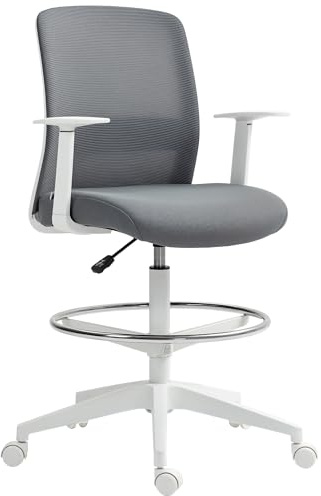 HOMCOM Bürostuhl Hoch Ergonomischer Schreibtischstuhl Armlehnen Grau | Mit Fußring, Höhenverstellbarer Zeichenstuhl, Drehstuhl mit Netzbespannung