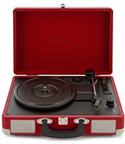 AVCOM Portable Bluetooth Suitcase Turntable with Speakers, Red | Records vinyl, radio or AUX to USB/SD, Bluetooth and FM radio built in, suitcase design with carry handle