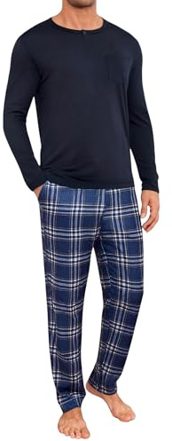 Marvmys Pyjama Hommes Hiver Coton Long Pantalons à Carreaux Homme Ensemble Pyjamas à Manches Longues Set Doux Loungewear Vêtements de Nuit Col Rond Boutons avec Poches S-4XL