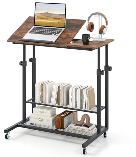 COSTWAY Betttisch auf Rollen höhenverstellbar, Pflegetisch mit neigbarer Tischplatte, Ablage & Kantenschutz, C-Förmig Laptoptisch, 80 x 40 cm Beistelltisch für Wohnzimmer, Schlafzimmer