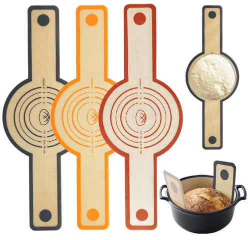 3 stycken bakmattor i silikon för holländsk ugn, återanvändbara non-stick brödbakmattor med långa handtag, värmebeständig upp till 240 °C, lätt att rengöra för bröd, deg, kex, rund och oval