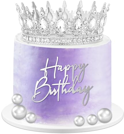 Topper per Torta con Corona,Corona di Torta Decorazioni per Torte a Palline,Gold Crown Cake Topper,per Ragazze Compleanno (argento)