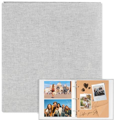 Leinen Fotoalbum zum Selbstgestalten, Fotoalbum Einsteckalbum mit 200 Folientaschen(10x15) und 30 Hochwertiges Papier, Platz für 300 Fotos,21x23cm Robustes Fotobuch für Geschenk Familie Freunde-Grau