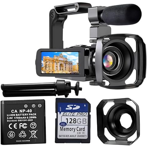 yeeplant Appareil photo numérique 56 Mp, caméscope vidéo 4K avec enregistreur microphone, carte 128G, stabilisateur portable, objectif de capot, trépied, zoom 18X, vision infrarouge nocturne, écran 3