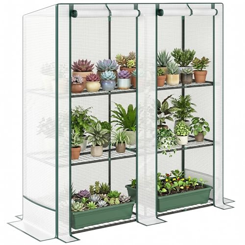 Outsunny Serre de Jardin PE avec Étagères 3 Niveaux 144 x 48 x 152 cm Blanc | Serre de Balcon, Bâche Renforcée 140 g/m², Châssis en Acier, 2 Portes Zippées Enroulables, pour Légumes Plantes Fleurs