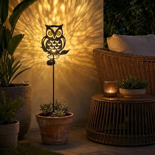 AGOTD Solarlampe für Außen, Eule Solarleuchte Glasfigur mit LED Warmweiß, Wetterfest & Dekorativ, Einzigartige Garten Deko für Terrasse Balkon Hof