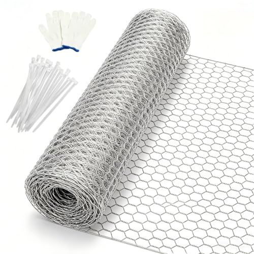 FAHAKO Chicken Wire Mesh Roll, 40cm x 5m, 25*15mm holes | Hexagonal Galvanised Wire Netting, For Rabbit Cages, Aviary, Poultry Fencing, Plant Protection, Includes Gloves