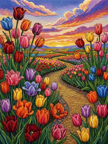 CAYLEKI Tulip Cross Stitch Kit, 11CT Floral Landscape, 40 × 30 cm, 1-Pack | Includes Embroidery Canvas, Coloured Threads And Needlework Tools, For Adult Beginners, Home Craft Activities And Wall Décor