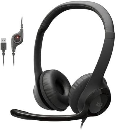 Logitech H390 Wired Headset for PC/Laptop, Stereo Headphones with Noise Cancelling Microphone, USB-A, in-Line Controls for Video Meetings, Music, Gaming and Beyond - Black
