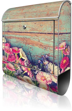 banjado Design Briefkasten 38,5x46,5x13cm & 2 Schlüssel - Briefkasten Stahl Silber mit Zeitungsfach pulverbeschichtet - Postkasten A4 Einwurf inkl. Montagematerial - Motiv Blumenpfücken