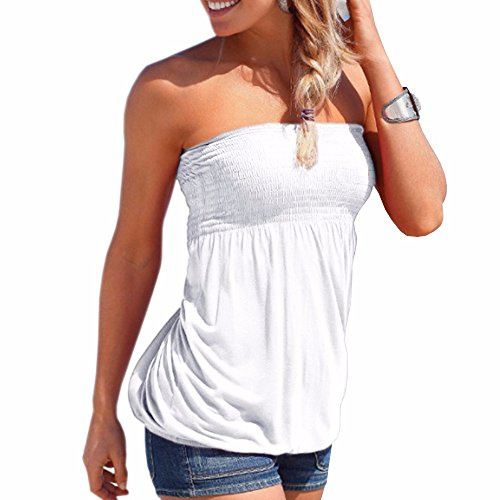 HAHAEMMA Damer sommar sexig tub topp casual veckad volang kvinnor elastiskt band mjuk stretch axelbandslös bandeau-boob blus skjorta väst toppar, Vit, XL