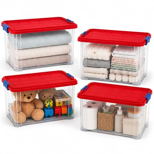 ARTECSIS® 4 x Kunststoffkisten 15L mit Deckel (stapelbar, mittel) rot - Transport & Lagerbox (Gr. M 40 x 29 x 21 cm) - Aufbewahrungsbox & Lagerkiste aus Kunststoff - Ordnungsbox & Transportkiste