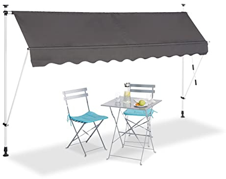 Relaxdays Telescopic Balcony Awning, Hand Crank, Height-Adjustable, UV-Resistant, Polyester and Steel, Grey, 300 x 120 cm