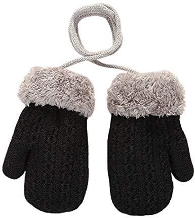 Moufles magiques en tricot épais pour bébé avec doublure en polaire isolée contre la neige et le froid avec cordon anti-perte pour filles et garçons de 1 à 4 ans Cadeau de Noël noir Noir