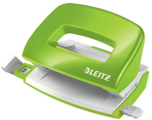 Leitz Mini Locher aus Metall, kleiner Locher für 10 Blatt, Metall, Anschlagschiene mit Formatangaben, Ergonomisches Design, grün, WOW-Serie, 50601054