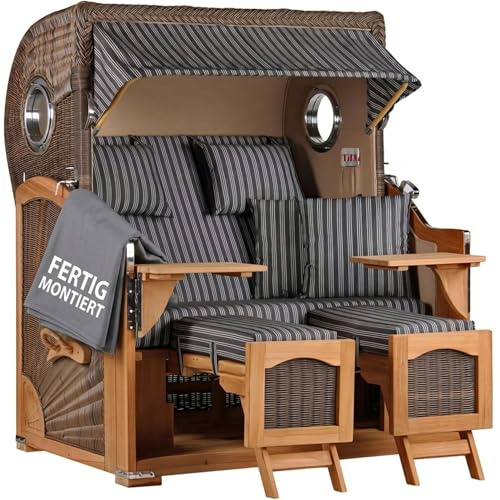 MR. DEKO® Strandkorb Düne Teak 2-Sitzer Bullauge | PE Geflecht Grey | Volllieger Strandstuhl verstellbar | inkl. 4 Kissen Wechselpolster | Strandkörbe fertig montiert aus Teakholz | (Dessin 500)