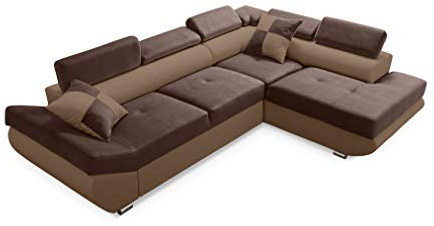 Robin Saturn Ecksofa mit Schlaffunktion Bettkasten 5 Verstellbare Kopfstützen 2 Kissen Sofa L-Form Schlafsofa Freistehende Eckcouch Schlafcouch Wohnzimmermöbel Wohnlandschaft Rechts Schokolade Nougat