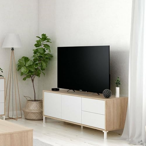 Dmora Meuble TV Cary, Buffet pour télévision avec 2 portes, Meuble TV de Salon, Blanc et Chêne, 130x41h47 cm