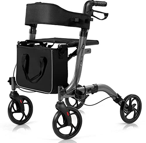 COSTWAY Folding Rollator, 4 Wheels Mobility Walker with Seat, Break, Adjustable Handle, Cane Holder and Detachable Storage Bag, Lightweight Walking Aid for Elderly Handicapped (Grey)