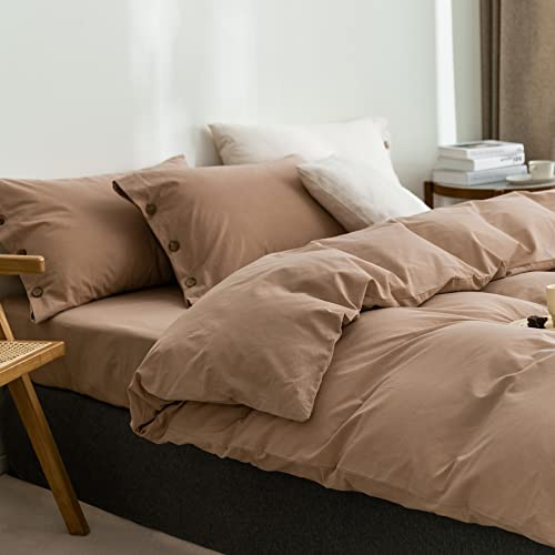 GETIYA Elegant Hellbraun Uni Bettwäsche 200x220 3Teilig Einfarbig Braun Gewaschene Baumwolle Damen Herren Unifarben Bettbezug Doppelbett Mit 2 Knöpfen Kissenbezug 80x80