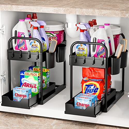 Organizador Cocina 2 Niveles, Deslizable bajo Fregadero, Extraíble Estante Almacenamiento Debajo con 8 Ganchos y 4 Cesta Colgante para Cajones, Baño Negro-2 Paquete
