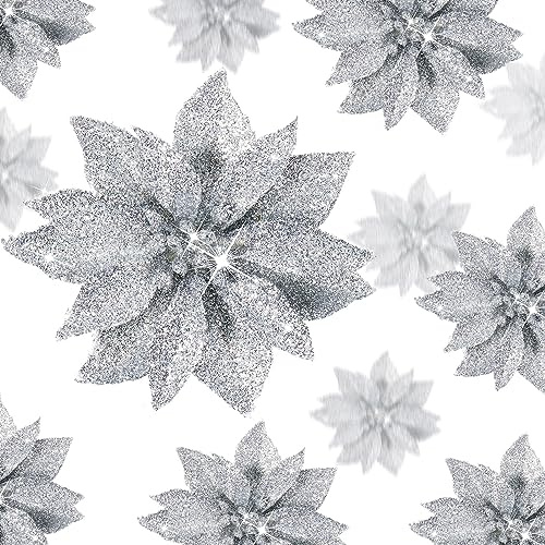 Chunyin 36 Stück Weihnachten Glitzer Weihnachtsstern Blumen Magnolie Künstlicher Weihnachtsstern Weihnachtsschmuck Blumen mit Clips Blumen Ornamente für Weihnachtsbaum Kranz, 3 Größen (Silber)