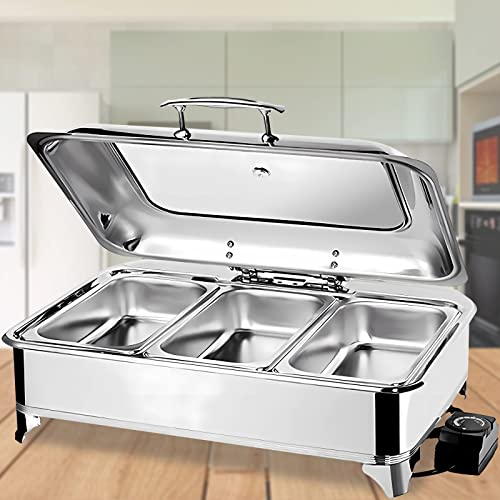 Elektrisch Chafing Dish Speisewärmer für Partys und Buffets, 9L Wärmebehälter für Essen Edelstahl Buffetwärmer mit Sichtbarer Abdeckung, GN 1/1, 1/2, 1/3 Optional