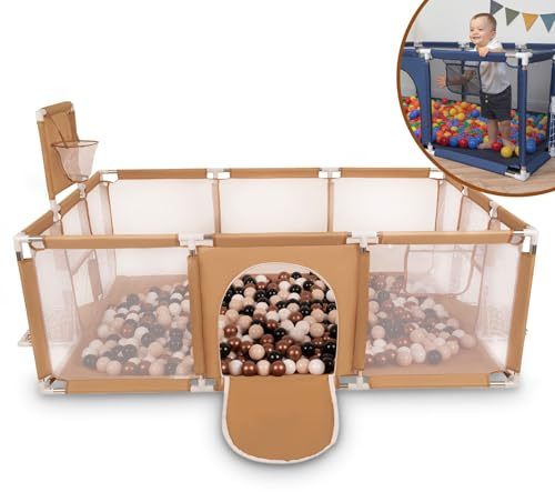 Selonis Laufstall Baby Großer Spielplatz Mit 100 Bälle Laufgitter Für Kinder, Beige:Pastellbeige/Kupferrot/Weiß/Schwarz