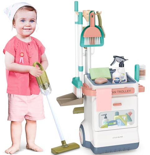 deAO Besenwagen Putzwagen Für Kinder,mit Kinderbesen,Kehrblech und Handfeger, Kinderstaubsauger mit Saugfunktion,Tücher,Spraydosen uvm, Reinigungswagen mit Rädern,Spielzeug Cleaning Trolley für Kinder