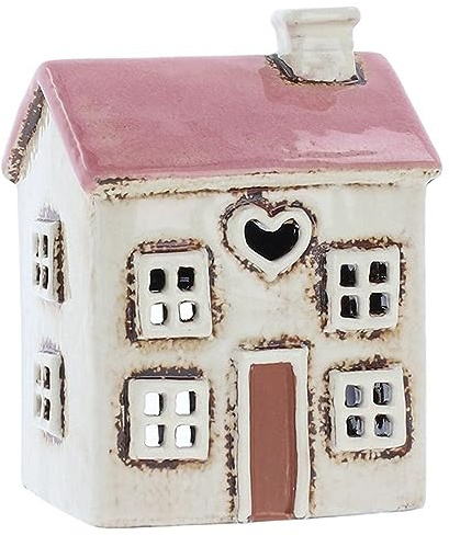 Shudehill Giftware Village Pottery 331032 Mini-Teelichthalter, Haus mit Herz, cremefarben/Rosa