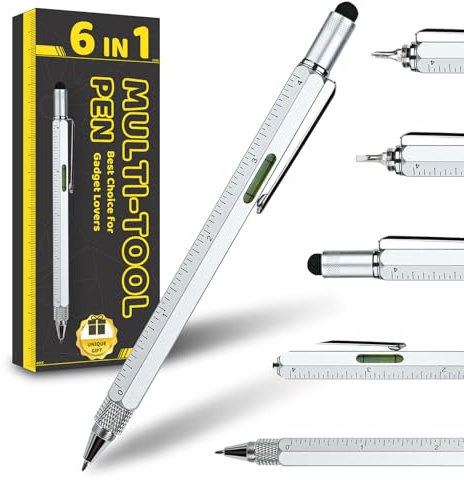 Men Valentines Day Gifts for Him Boyfriend Husband, Cool Gadgets Tools 6 in 1 Multitool Pen with Stylus, Level, Rulers, Screwdrivers, Father's Day Birthday Gift for Dad(Silver)