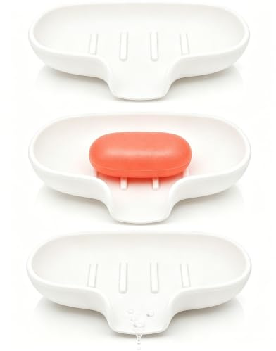 3 Pack Soap Bar Holder, AIMAIAIMAI Self Draining Soap Dish, Quick Drainage, Soap Dishes for Bathroom, Shower, Silicone Soap Tray for Kitchen, Dishwasher Safe (White)
