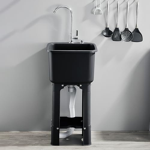 Mobiles Küche Spültisch Spülbecken aus Kunststoff Freistehende Einzelbecken-Spüle mit Lagerregale Wasserhahn Abflussbrett für Außen Innen Küche Restaurant Wäsche Hinterhof Garage. ( Color : Nero , Siz