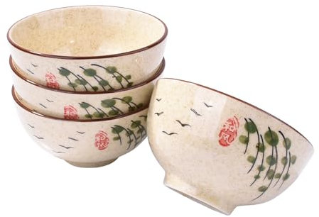 Lot de 4 petits bols à riz japonais ronds en céramique pour soupe et riz sushi - Passe au micro-ondes - 287,5 g